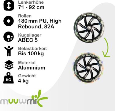 Самокат дитячий Muuwmi Lights алюмінієвий, з підсвіткою коліс, регульований кермо, до 100 кг, зелено-чорний 180мм, сертифікат GS