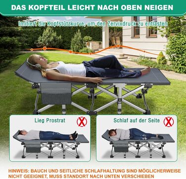 Велике розкладне ліжко з матрацом – 198x81x46 см, 400 кг, сталевий каркас, Oxford-тканина, для дорослих, сад, подорожі (Сірий)