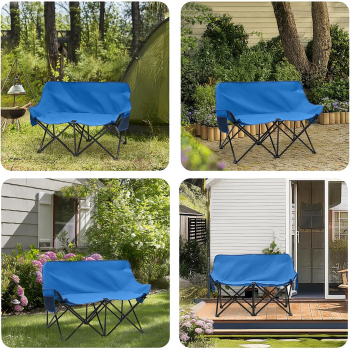 Складне крісло-диван для кемпінгу Sunula на 2 особи - портативне крісло з підлокітниками та сумкою, ідеально для пікніків, кемпінгу, саду, балкону, намету та риболовлі. Синій, 110 см