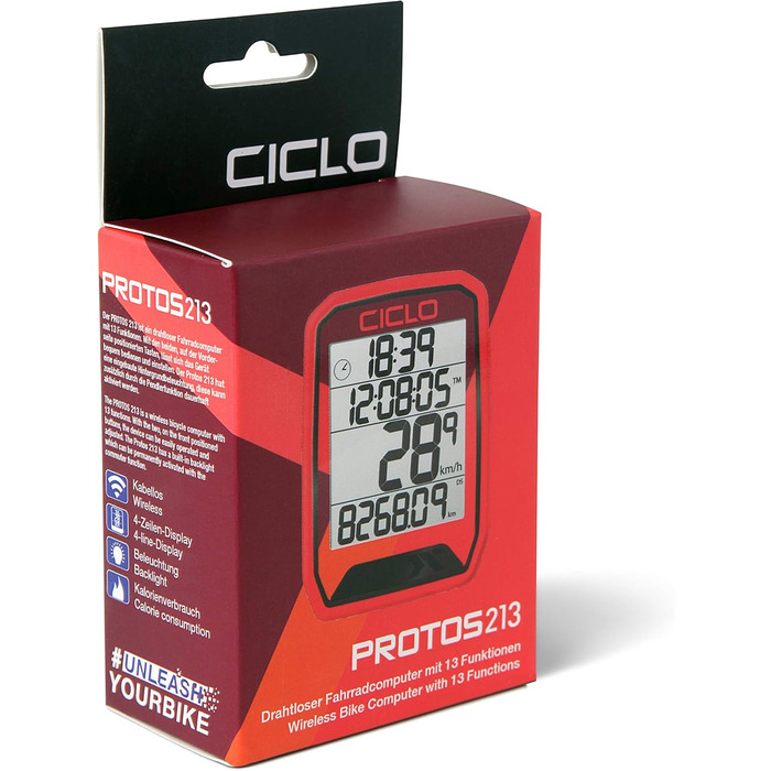 CICLO PROTOS 213 бездротовий велокомп'ютер, 13 функцій, червоний