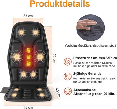 Масажна подушка з підігрівом та 8 вібраційних моторів для спини та шиї, для дому та офісу, чорна