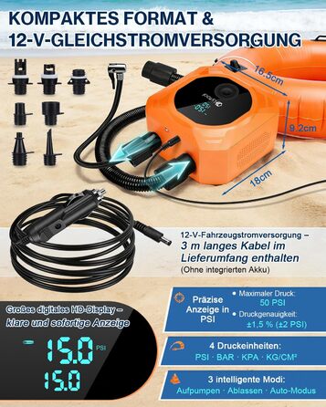 Електричний насос для SUP Lytool 50 PSI з автовимкненням для дощок, човнів, каяків, шин авто та велосипедів (12V)