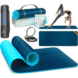 Килимок для гімнастики KESSER® з ручкою для перенесення, антиковзкий, TPE, з підкладкою, фітнес, спортивний, для фітнесу, пілатесу та гімнастики, 183 x 61 см, темно-синій / синій