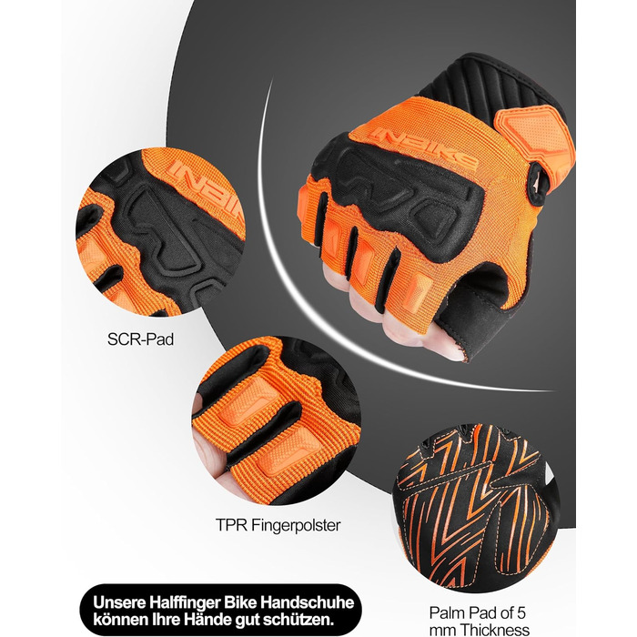 Рукавички Inbike для їзди на велосипеді, хаф-фінгери, захист пальців TPR та SCR, зелені (помаранчеві, M)