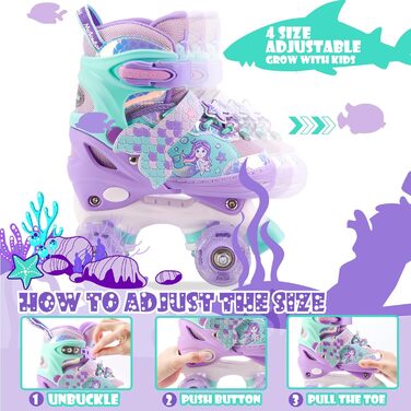 Дитячі ролики Meerjungfrau для дівчаток, 4 розміри, регульовані, з підсвічуванням, для початківців, фіолетові