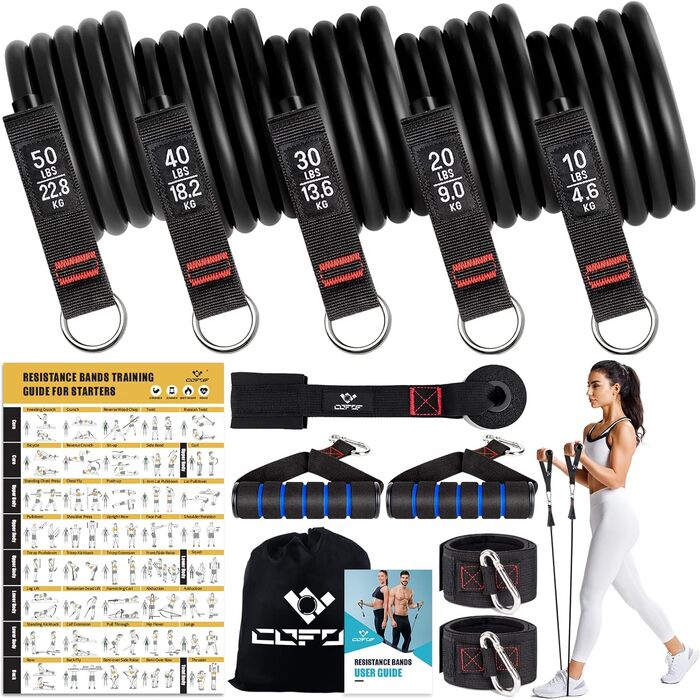 Набір еластичних стрічок для фітнесу, 5 шт. (150lbs), з ручками та кріпленням для дверей, для пілатесу та силових тренувань, чорний