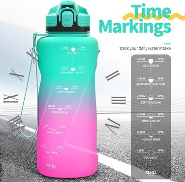 Дитяча спортивна пляшка для води 2л, 1.5л, 1л, 700мл, 500мл. Без витоку, з маркуванням часу. BPA Free Tritan для дівчаток та хлопчиків, школи, спортзалу. Смарагдово-фіолетовий колір.