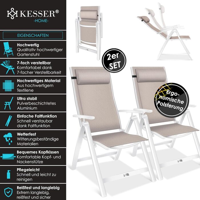 Крісло садове KESSER® з високою спинкою, з підлокітниками, алюмінієве, складне, з подушкою та чохлом, для кемпінгу, регульована спинка, дихаючий матеріал, вологостійке, 1 шт. (2 шт, Бежевий)