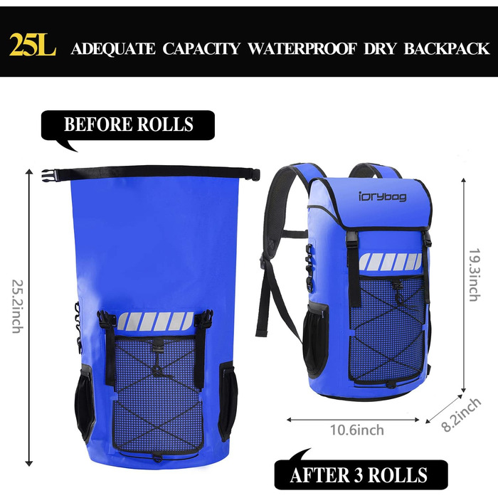 Водонепроникний рюкзак IDRYBAG для чоловіків 25L - ідеальний для каякінгу та піших прогулянок (Блакитний)