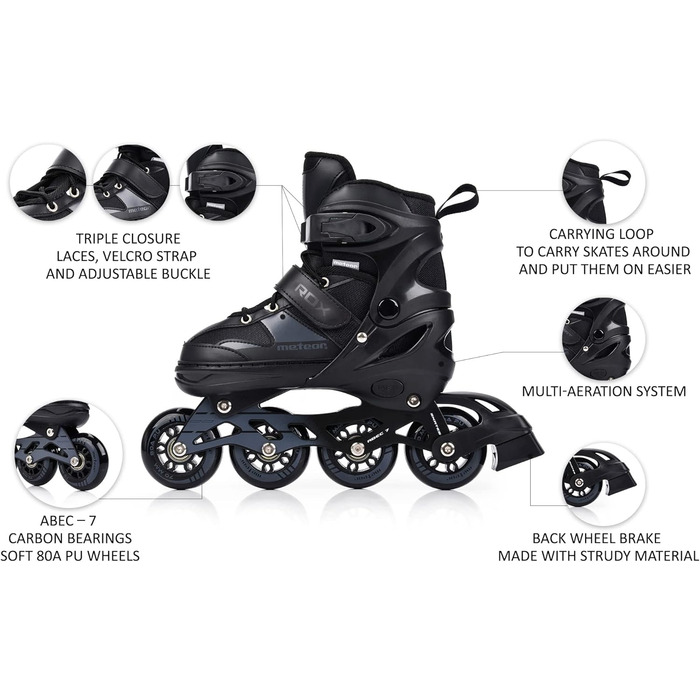 Дитячі ролики Meteor Rox з регулюванням – інлайнери для дівчаток та хлопчиків, підшипники ABEC-7 Carbon, колеса PU 72mm 80A, алюмінієвий фрейм, розміри S30-33, M34-37, L38-41 (L 38-41, Чорний)