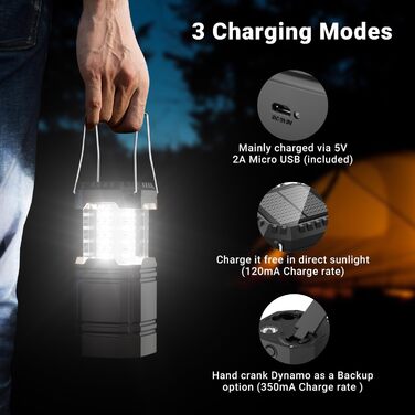 LED кемпінговий ліхтар на сонячній батареї, водонепроникний, з ручкою, акумулятор 3000mAh, для туризму, риболовлі, SOS, відключень світла (чорний)