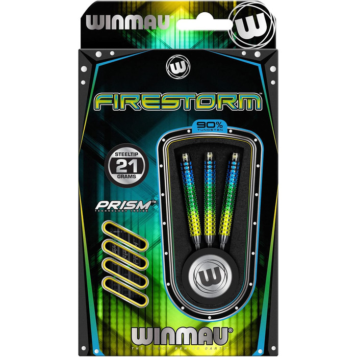 Дротики WINMAU Firestorm Steeltip 21 г, вольфрамові, комплект з оперенням і стрижнями, професійні