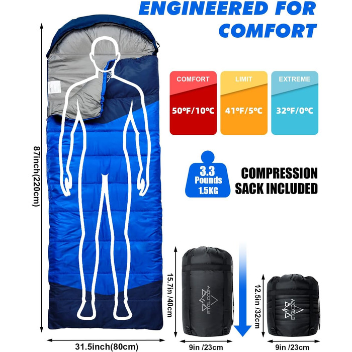 Спальні мішки для дорослих та дітей – для холодної та теплої погоди. Водонепроникний, легкий спальний мішок для кемпінгу, походів та трекінгу (з компресійним мішком). Підходить для 3-4 сезонів, 10-20°C, 1.5KG – Чорний (10-20°C, 1.5KG-Блакитний)