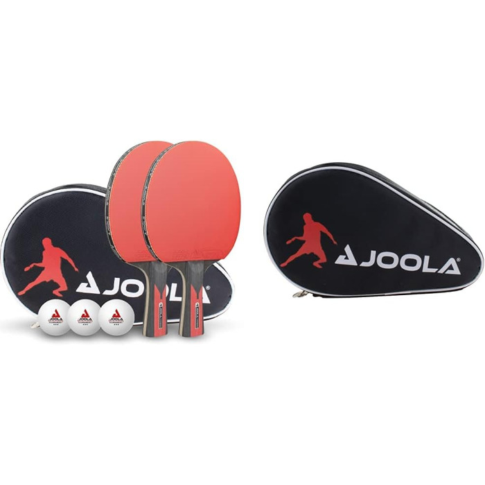 Набір для настільного тенісу JOOLA Duo Carbon 2: 2 ракетки, 3 м'ячі, чохол, червоно-чорний & 80505, чохол для ракетки Pocket Double, чорно-червоний, 28x17x4 см