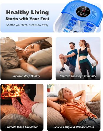 Ванночка для ніг з масажем та підігрівом, таймером – складана ванночка з бульбашками та пемзою, масажер для ніг з водою та 8 роликів – ідеальний подарунок (Блакитний)