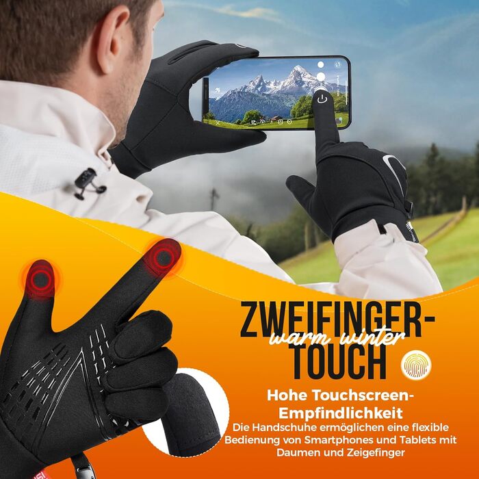 Зимові рукавички Benirap для чоловіків та жінок, вітрозахисні, з підтримкою сенсорного екрану, неслизькі, спортивні, теплі, для активного відпочинку, їзди на велосипеді, бігу, прогулянок з собакою. Чорний колір, модель TM01