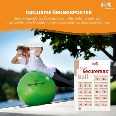 Гімнастичний м'яч SISSEL SECUREMAX 75 см, до 500 кг, сріблястий, 100% ПВХ, для фітнесу та реабілітації, безпечний, з постером та знімачем пробки