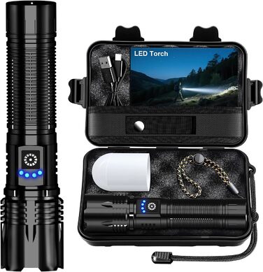 Тактичний ліхтарик LED 50000 люмен, USB-C, 24 години роботи, Zoom, 5 режимів, IP67, водонепроникний, для кемпінгу та туризму, чорний