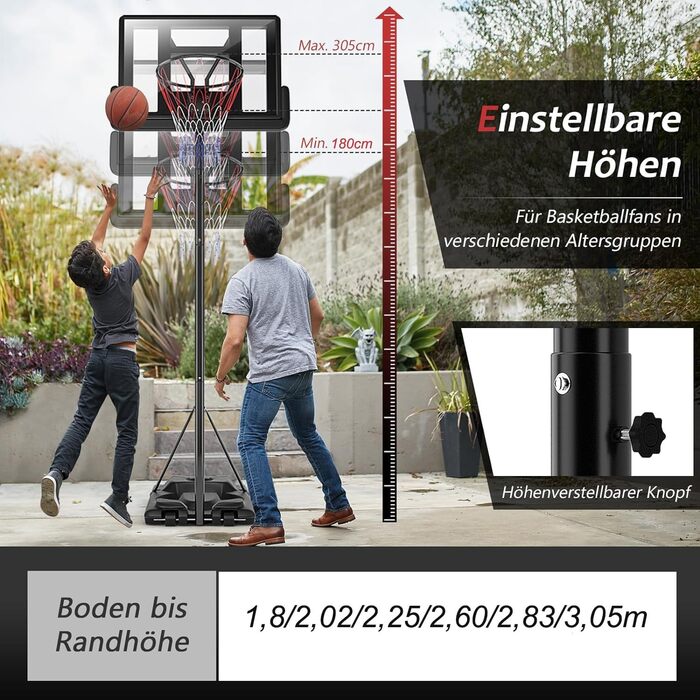 Баскетбольне кільце GOPLUS з підставкою на колесах, регульована висота 180-305 см, для дорослих та підлітків