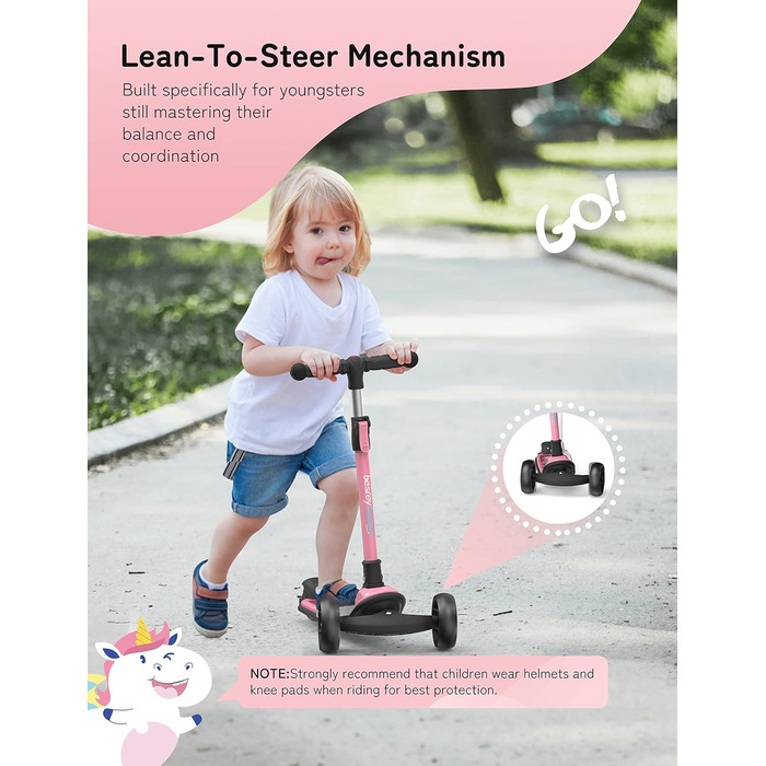 Дитячий самокат Besrey з великими колесами, світлодіодними ліхтарями та регульованою висотою, для дітей 3-8 років (Рожевий, Єдиноріг)