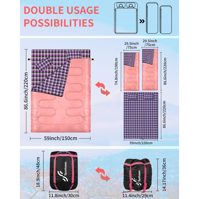 Сплячий мішок Outdoor Sportneer для двох осіб: спальний мішок 2.75 кг для дорослих, 3 сезони, 220x150 см, з 2 подушками (без фланелевої підкладки), рожевий