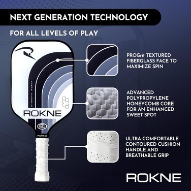 Професійна ракетка для піклболу ROKNE Curve Classic, скловолокно, сертифікована USAPA, ProGrit текстура для максимального обертання та потужності, з чохлом