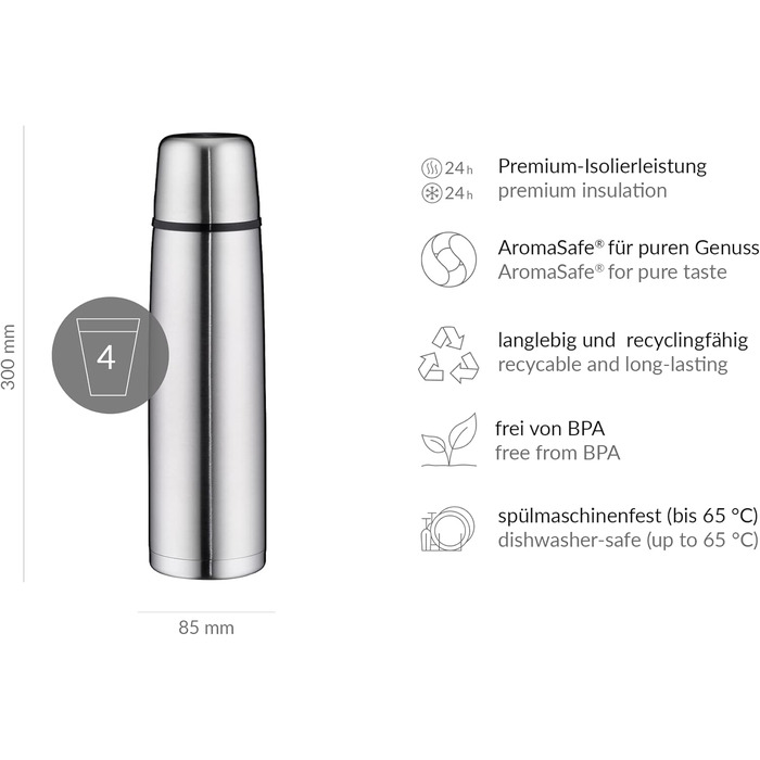 Термос alfi ISOTHERM PERFECT DV 1,0 л з нержавіючої сталі, з чашкою, герметичний, тримає тепло, не залишає відбитків, довговічний, для посудомийки, BPA-free, 1000 мл