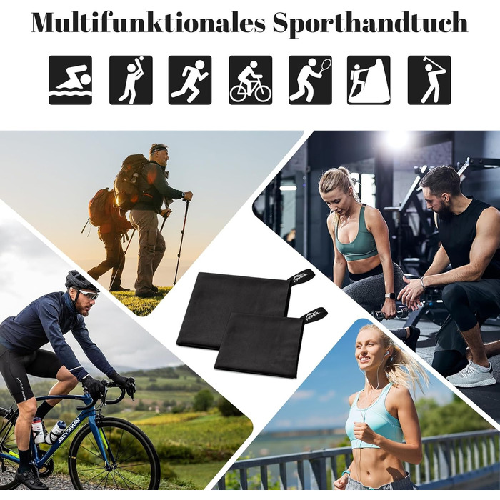 Набір спортивних рушників Pameil Fitness (2 шт.) з кишенею на блискавці | 120x50 см + 80x40 см | Рушники з мікрофібри для пляжу, басейну, спортзалу, подорожей | Чорний колір