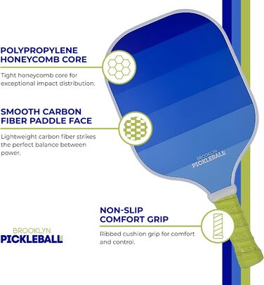 Паддл для піклболу Brooklyn Pickleball Co. | Вуглецеве волокно | Вулик | Нековзний руків'я з наповнювачем | Одиночний | Білий з блакитним градієнтом