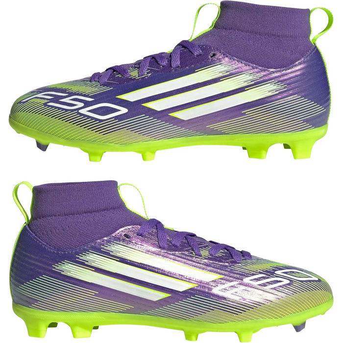 Дитячі футбольні бутси adidas F50 League Mid для гри на твердих/багатоповерххових покриттях, розмір 38 EU, колір Purple Rush Cloud White Lucid Lemon