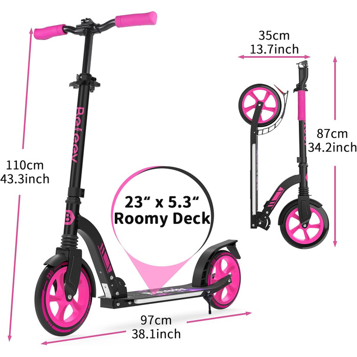 Белеїв Ролер Кіндер 6 років, 230мм велике колесо, платформа з LED-підсвіткою, ABEC-7, регульована висота, ремінь для перенесення, складний ролер для дорослих, алюмінієвий, легкий, міський ролер для дітей, підлітків та дорослих (Galaxy Purple)