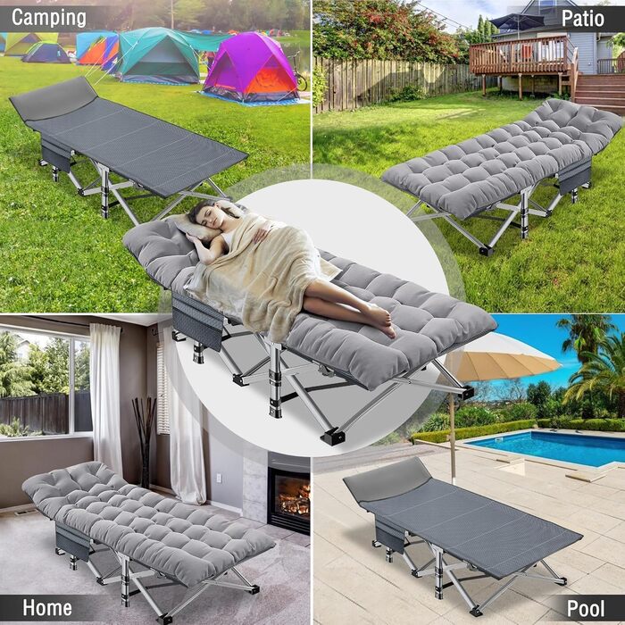 Розкладне ліжко-крісло для кемпінгу з матрацом, сірою. Висока вантажопідйомність, з бічною кишенею, для відпочинку на природі та вдома.