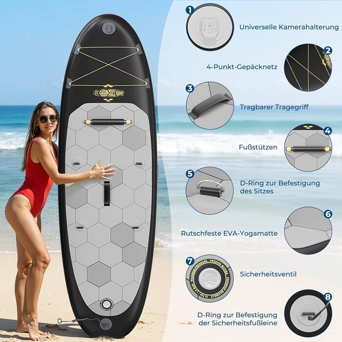 Надувний SUP борд Devoko 320x80x15 см з аксесуарами (2-в-1: SUP та каяк), для серфінгу, риболовлі, йоги, чорний