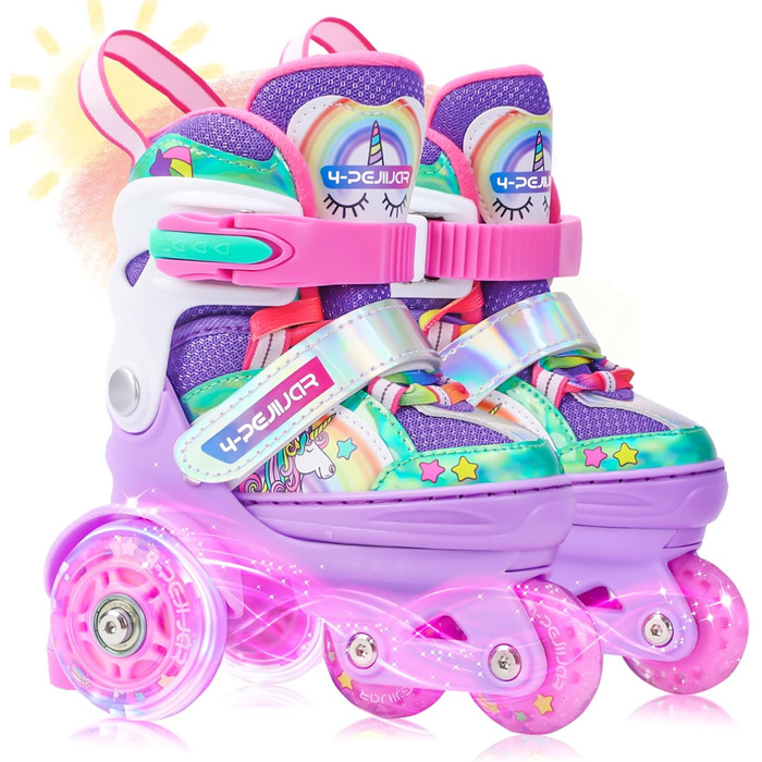 Дитячі ролики Kinder Einhorn для дівчаток, 3-6 років, з підсвічуванням, регульовані, 4 колеса, для початківців, фіолетові