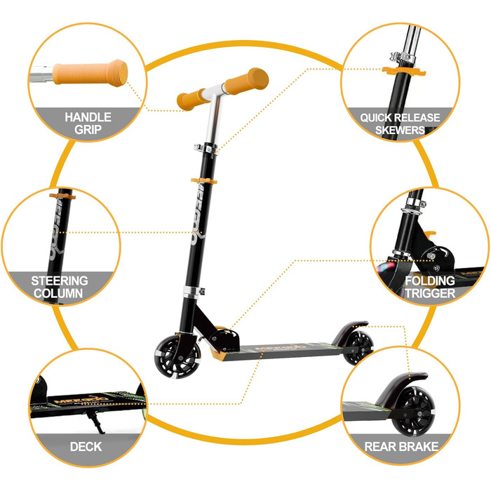 MEE GOO Роликовий самокат для дітей з алюмінію, складний, 3 регульовані висоти, LED колеса, чорний