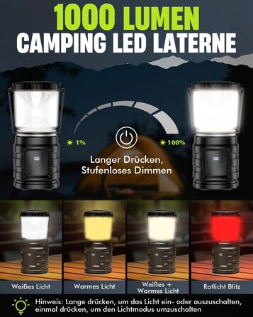 LED кемпінговий ліхтар на акумуляторі 8000mAh, 1000 люмен, з індикатором заряду, 4 режими світла, водонепроникний IP65, USB-C, для кемпінгу, туризму, риболовлі, SOS, модель M2