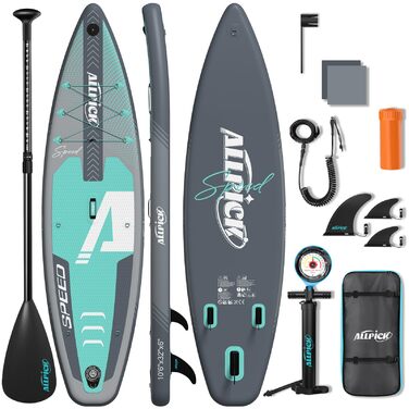 ALLPICK SUP Board Premium набір: Дошка для Stand Up Paddling надувна, з кріпленням для камери, повний комплект аксесуарів, регульоване весло, для початківців та просунутих, вантажопідйомність 200 кг, сіро-зелений