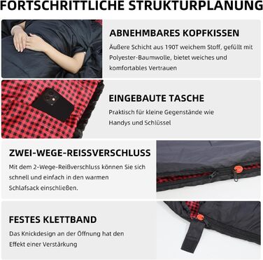 Спальний мішок для дорослих – широкий прямокутний, 3-сезонний з кишенею та сумкою, 300 г/м² бавовна, водонепроникний, для кемпінгу, дому та відпочинку на природі, з блискавкою справа