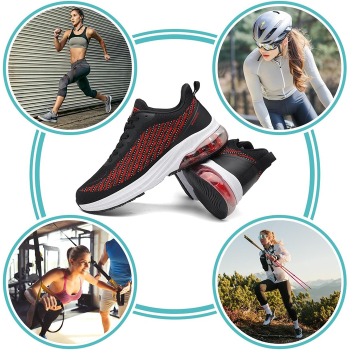 Кросівки для чоловіків та жінок: спортивні, легкі, з повітряною подушкою, для бігу та фітнесу, дихаючі, розміри 36-47 EU, чорний та червоний кольори
