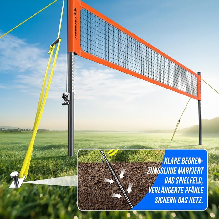Професійна волейбольна сітка для саду з регульованою висотою, стійками з антикорозійним покриттям, лінією розмітки, м'ячем PU, насосом, натягувачами та сумкою для транспортування (9.75м*1м)