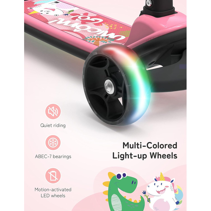 Дитячий самокат Besrey з великими колесами, світлодіодними ліхтарями та регульованою висотою, для дітей 3-8 років (Рожевий, Єдиноріг)