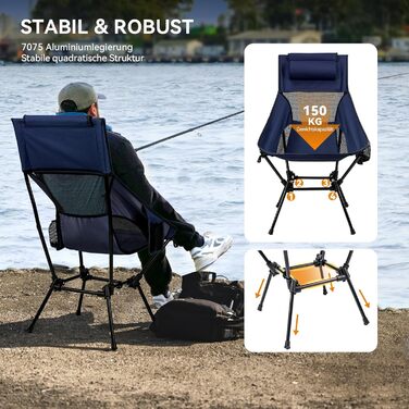 Складний туристичний стілець Hochlehner з підголівником, 150 кг, ультралегкий, портативний, для кемпінгу, риболовлі, пляжу, відпочинку на природі та піших прогулянок (Indigoblau)
