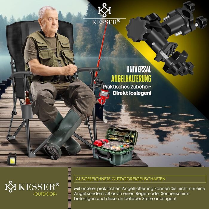 Крісло для кемпінгу KESSER® розкладне, до 160 кг | Рибальське крісло, з підлокітниками, кишенею для напоїв та світлом | Зручне крісло для пляжу та відпочинку на природі (Антрацит/Чорний)