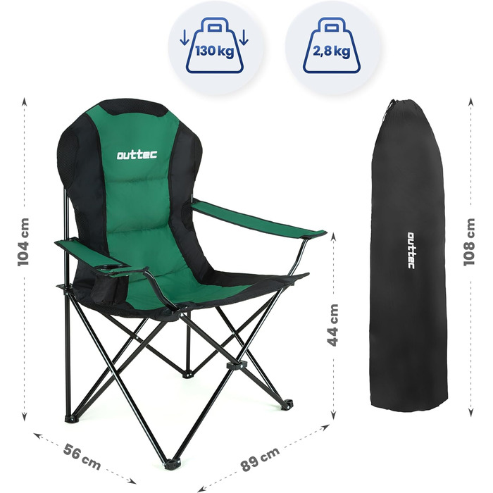 Зручний складаний стілець для кемпінгу Outtec, 130 кг, з високою спинкою, підсклянник, сумка, риболовний стілець, зелений