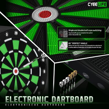 Електронний дартс Cyeelife з LCD-дисплеєм та німецькою озвучкою – комплект (12 дротиків, 24 пір'я, 50 наконечників, USB-зарядка)