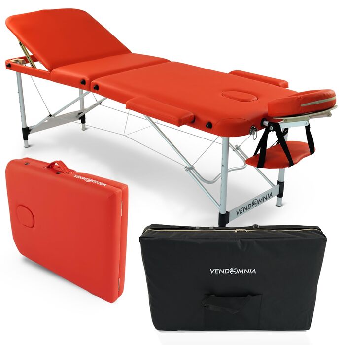 Мобільний масажний стіл Vendomnia з алюмінієвим каркасом, 3 зони, регулювання висоти, з високоякісною підголівником та сумкою, підлокітники, складний, помаранчевий колір