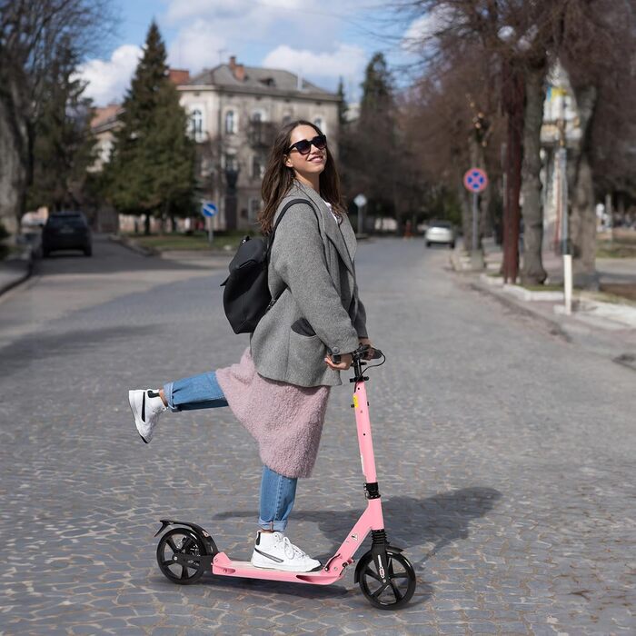 Дитячий складаний самокат з великими колесами 200 мм, гальма дискові, регульована висота, для дітей 8-15 років (Рожевий)