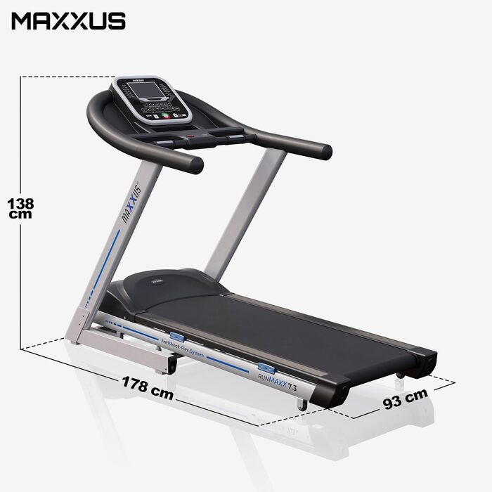 Бігова доріжка MAXXUS 7.3, 18 км/год, електричний нахил, 3 к.с. мотор, 2,21 кВт, складана, 1400x500 мм, до 130 кг, амортизація