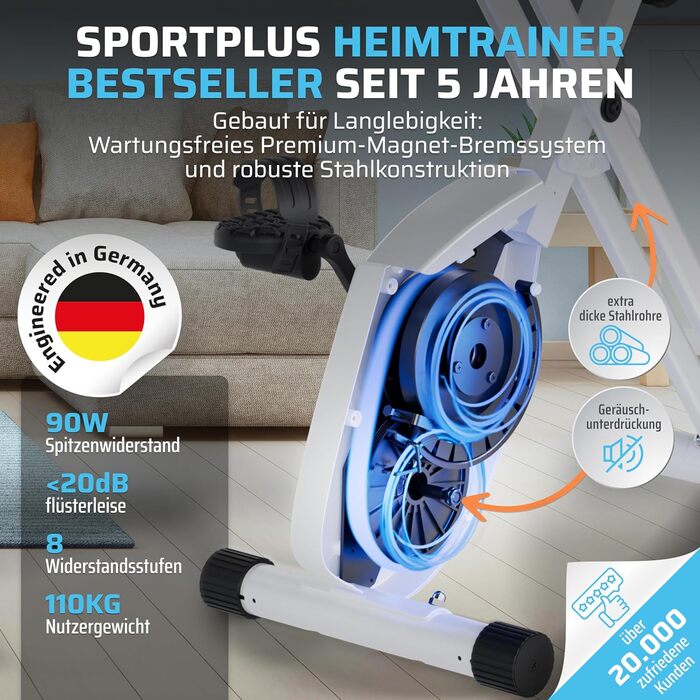 Складний велотренажер SportPlus для дому - тихий Hometrainer, компактний велобік, сумісний з додатком (Snow/Sun)