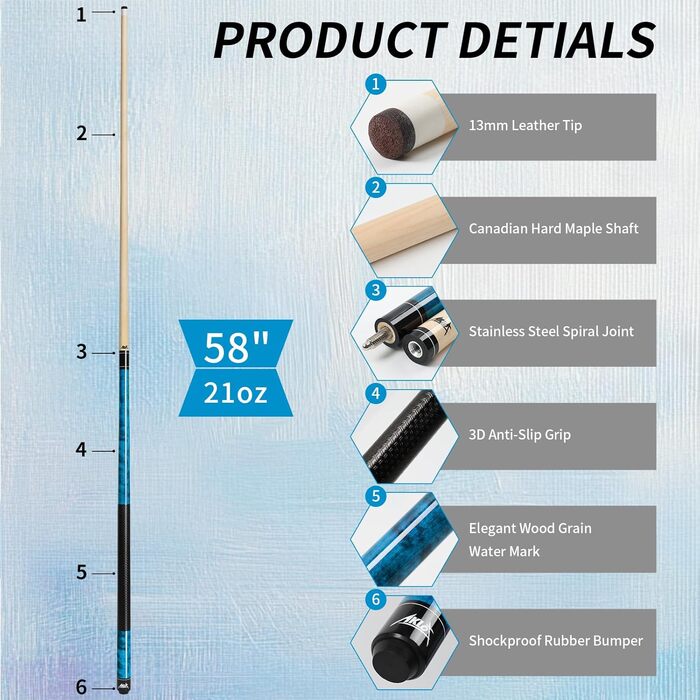 AKLOT Більярдний кий 58' (18oz-21oz) - канадський клен, шкіряна насадка 13mm, 3D ручка, прецизійне з'єднання, для гравців (блакитний, 600g)